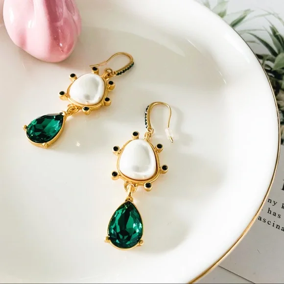 Oscar de la Renta Faux Pearl with Crystal Drop Earrings Green